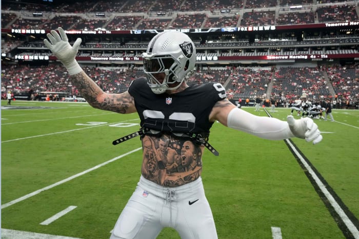 Aug 13, 2023; Paradise, Nevada, USA; Las Vegas Raiders defensive end Maxx Crosby (98) gestures during the game against the San Francisco 49ers at Allegiant Stadium.